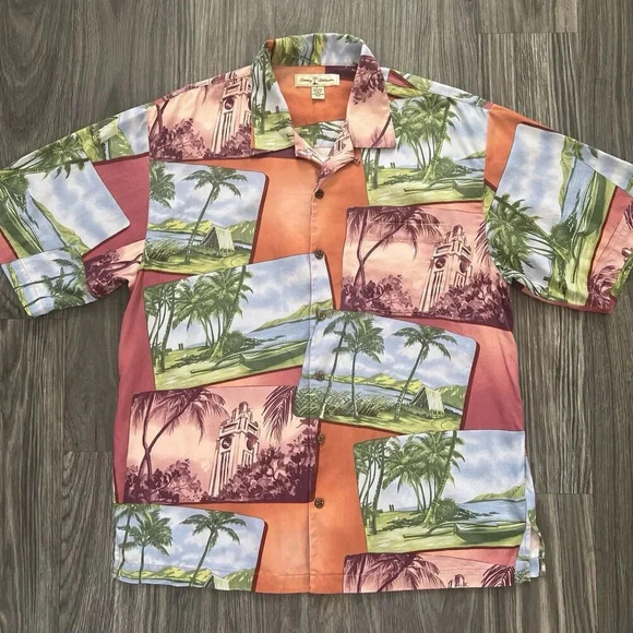 Tommy Bahama Silk Hawaiian Short Sleeve Button Down Camp Shirt Size Large Orange - Picture 1 of 5